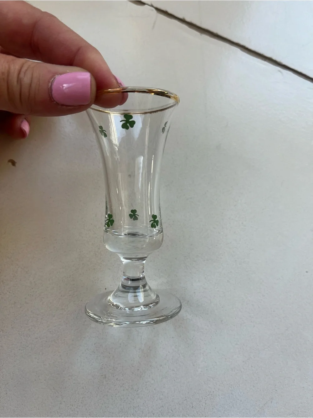 Set of 6 Gold-Rimmed Vintage Shot Glass Cordial with Green Shamrock Clover